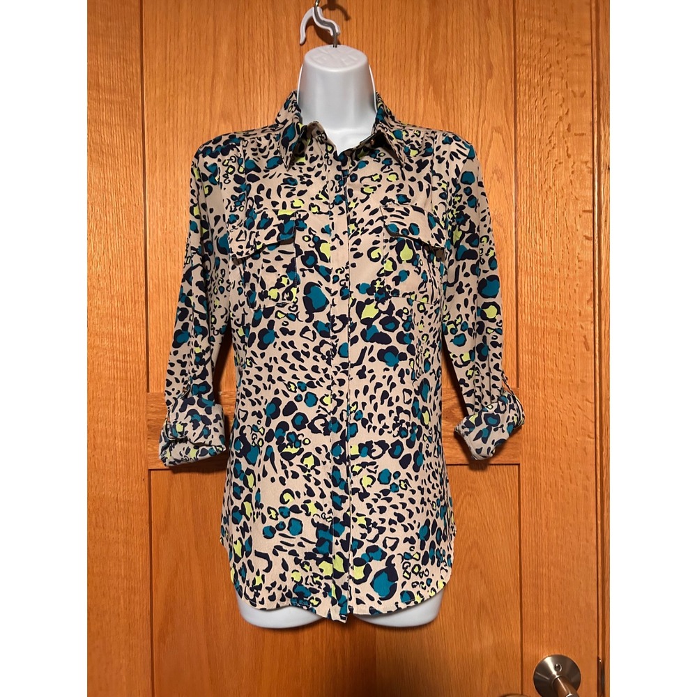 Vintage Attention Women's Neon Blue Green Leopard Print Button Down Shirt Small